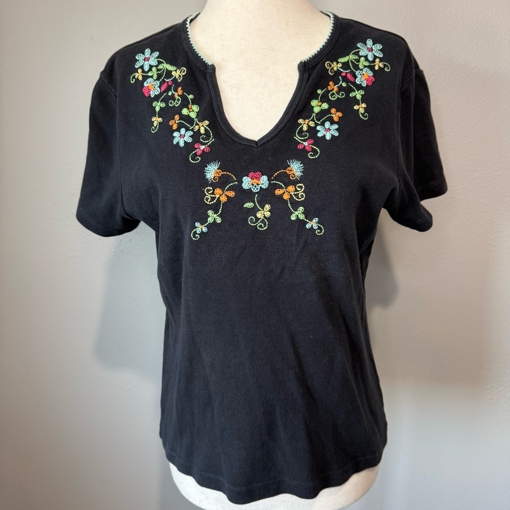 Gloria Vanderbilt Black Tee with Floral Embroidery